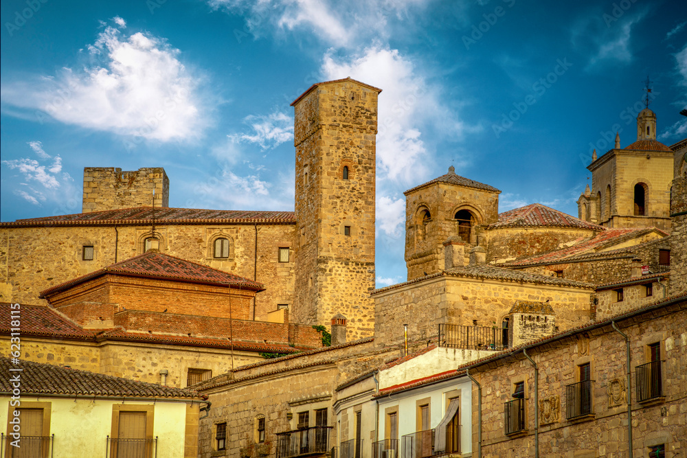 Spectacular view from the Plaza Mayor of Trujillo, Cáceres, Spain, of the medieval part of the town with towers, palaces and bell towers, trujillo, caceres, spain