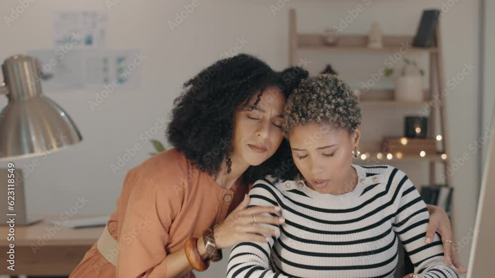 Employee, comforting and friend at job is sad or depressed at company with mistake. Woman, stress and burnout with support at office due to frustration or anxiety, fear and tired with unemployment.