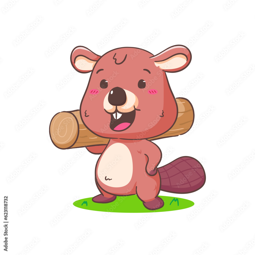 Cute Beaver Cartoon holding wood Character Mascot vector illustration. Kawaii Adorable Animal Concept Design. Isolated White background. Cute Beaver Cartoon holding wood Character Mascot vector illustration. Kawaii Adorable Animal Concept Design. Isolated White background.