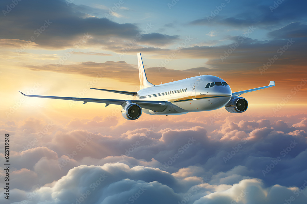Passengers commercial airplane flying above clouds in sunset light. AI Generative Passengers commercial airplane flying above clouds in sunset light. AI Generative