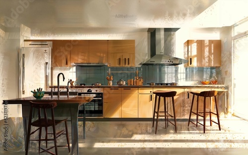 illustration digital painting drawing of modern minimal kitchen room, generative AI © Flash