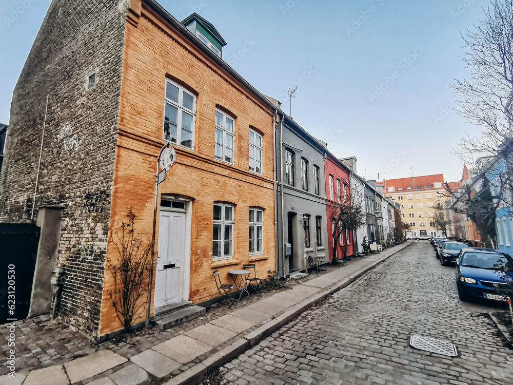 Copenhagen, Denmark - March 23, 2022: beautiful colored facades of houses in the center of Copenhagen