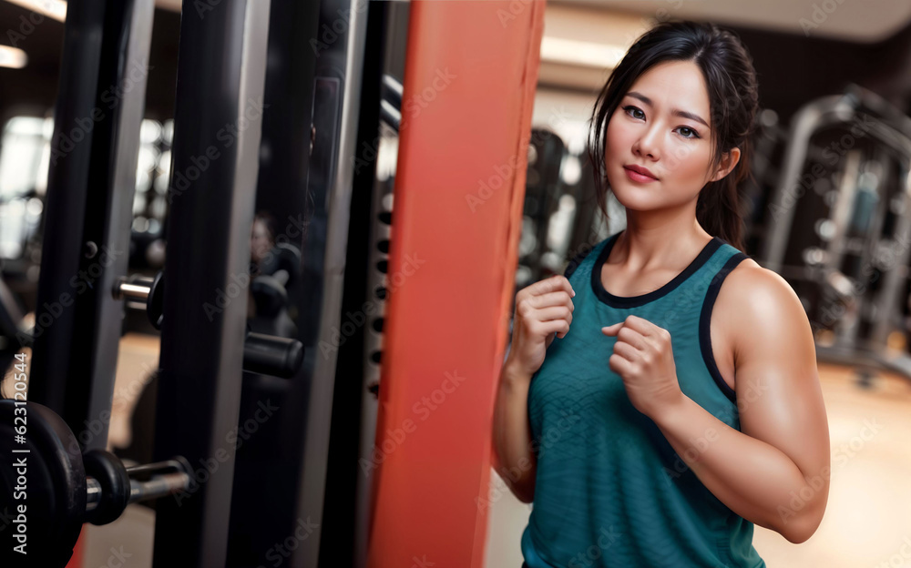 Obraz premium healthy middle aged lady woman in sport wear at gym, generative AI