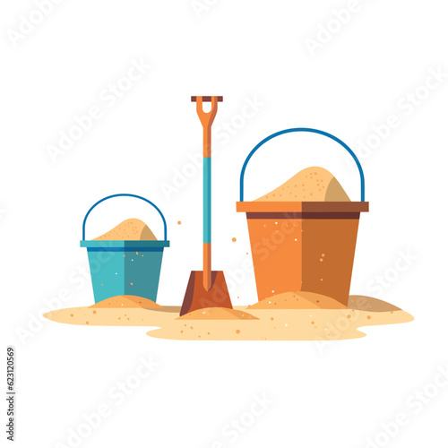 Buckets and scoop with pile of sand isolated on white background. Children play on beach. Summer holiday. Vector stock