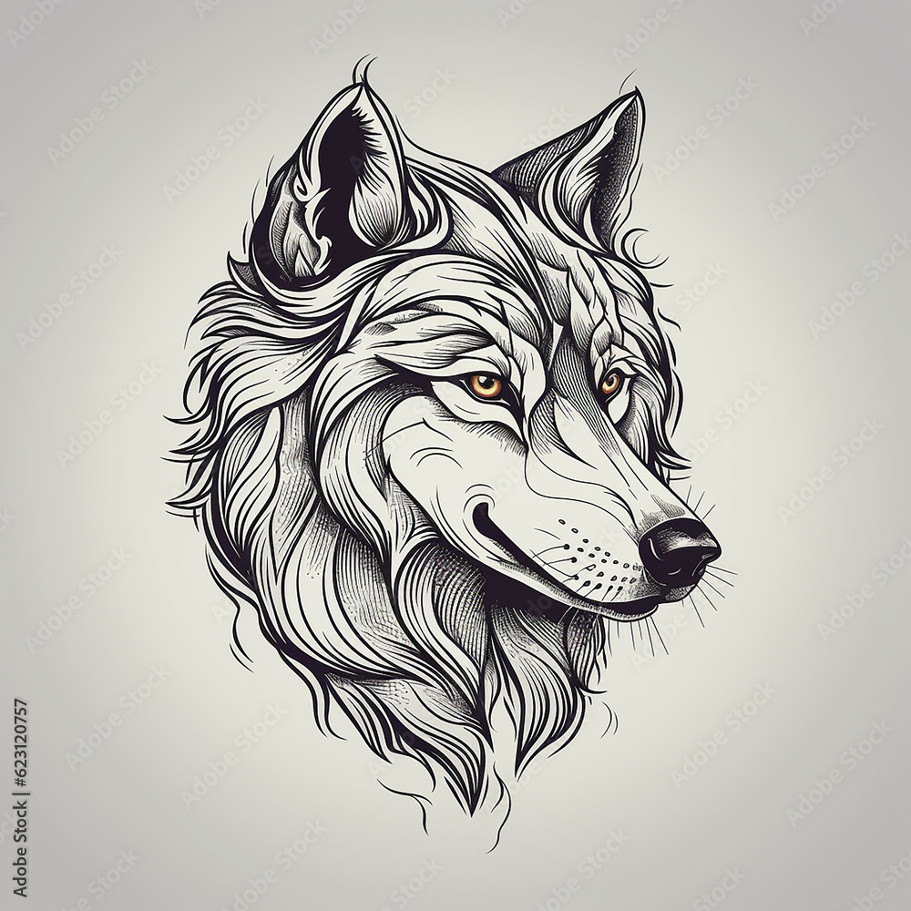 Fototapeta premium A very simple black and white tattoo design style line drawing illustration of a wolf head with generative AI technology