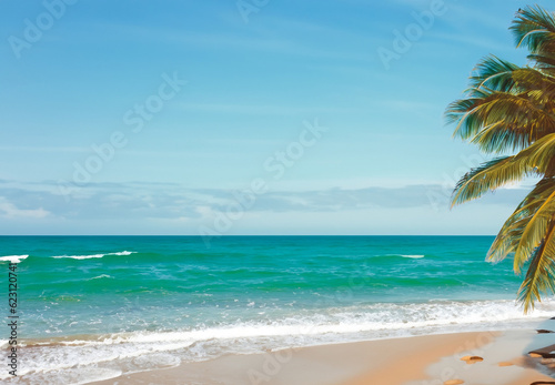 sunny beach with a clear blue sea and waving palm trees - Summer Holiday