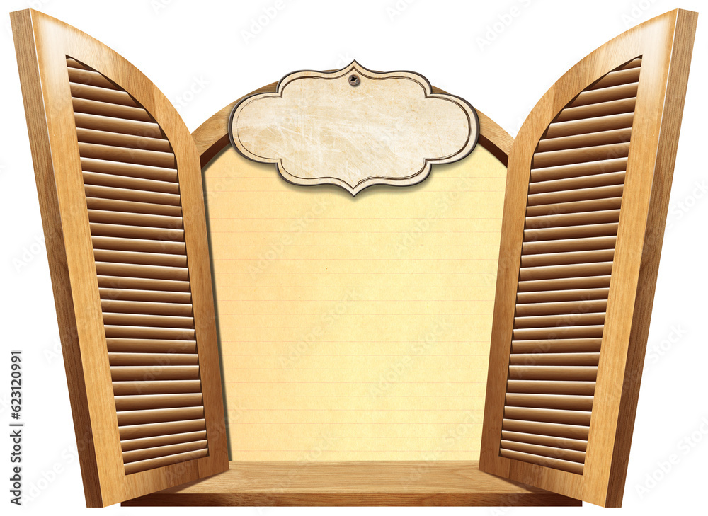 Brown wooden window with open shutters and wooden sill, blank sheet of