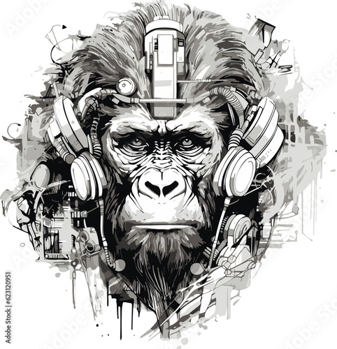 gorilla head black and white drawing, t-shirt design vector illustration photo