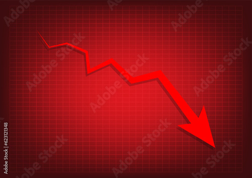 Red arrow graph drop arrow down with  on red background. Money losing. Stock crisis and finance concept.