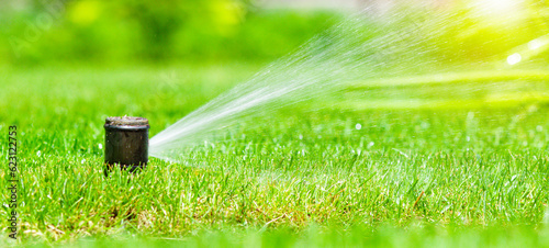 Irrigation system in home garden. Automatic lawn sprinkler watering green grass. Selective focus.