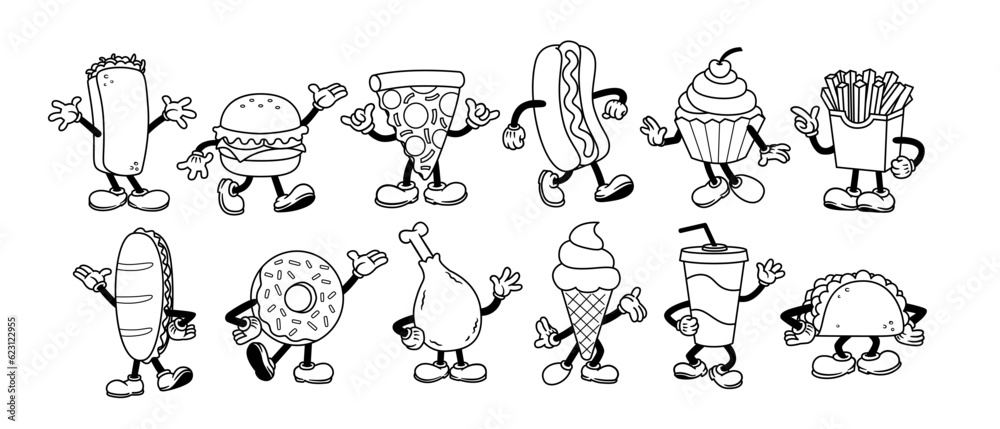 Vector Cartoon Funny Fast Food Characters Mascots Set Isolated Vector Cartoon Funny Fast Food Characters Mascots Set Isolated