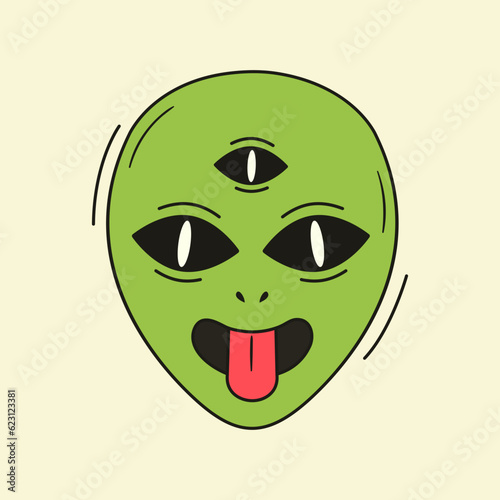 Psychedelic vector drawing of trippy alien head. Groovy ufo character icon. 70s and 80s style funky design. Abstract acid art sticker