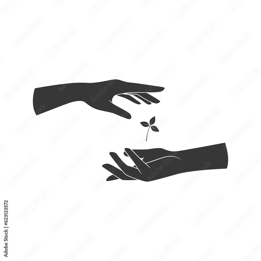 Obraz premium Hands hold a leaf of the plant. illustration on transparent background