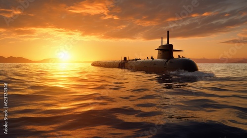 submarine over ocean in sunset, Generative AI.