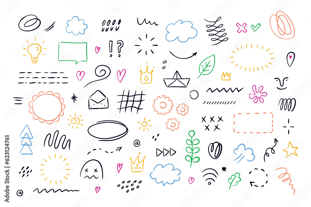Hand drawn simple elements set. Sketch underlines, icons, emphasis, speech bubbles, arrows and shapes. Vector illustration isolated on white background. Hand drawn simple elements set. Sketch underlines, icons, emphasis, speech bubbles, arrows and shapes. Vector illustration isolated on white background.