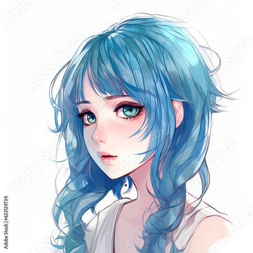 Anime girl with blue hair. AI generative.