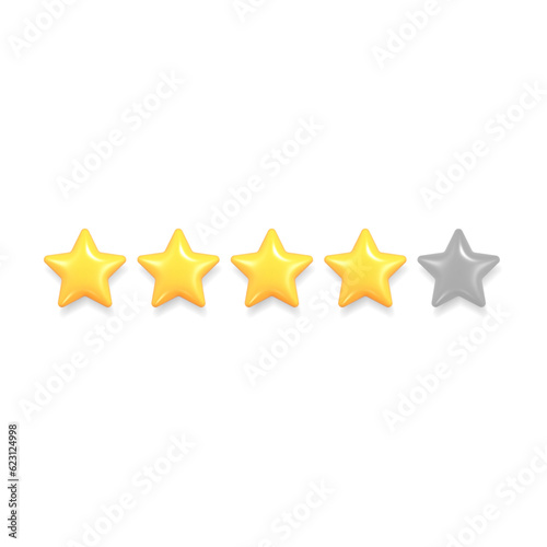 Five stars, glossy yellow and grey colors. Evaluation of reviews. Realistic 3d design of the object. For mobile and web applications. Stock Vector illustration.