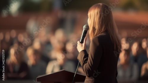 A speaker woman leader standing make a speech in front of microphone and audiences on stage outside in public, Generative AI