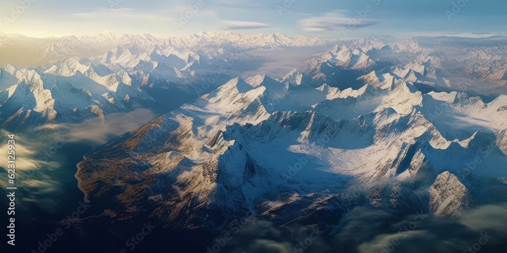 Fototapeta premium Bird's eye view of snow covered mountain peaks. Generative AI