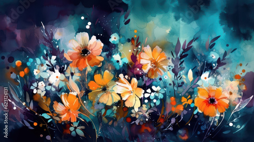 Floral painting illustration on dark background. Generative AI