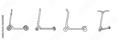 Icon set of push scooter, icon flat of kick scooter or balance bike. Flat push scooter isolated on white. Vector illustration. Eco transport symbol. Healthy journey. Ecology. Go green. Hipster.