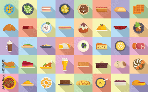 Austrian cuisine icons set flat vector. Strudel bakery. Cafe dish