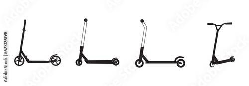 Icon set of Black kick scooter or balance bike. Flat push scooter isolated on white. Vector illustration. Eco transport symbol. Healthy journey. Ecology. Go green. Hipster.