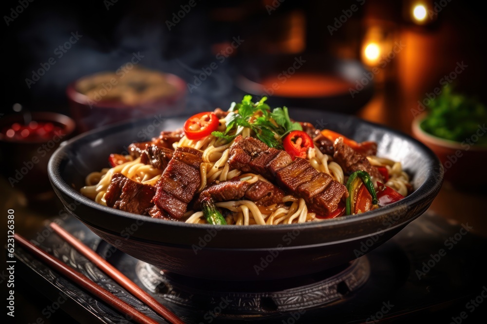 Fototapeta premium asian noodles with beef. Generative ai