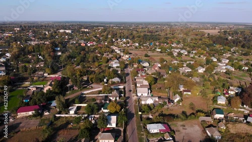 Aerial footage. Beautiful city of Oster. Aerial view of rural houses and cottages. Chernihiv Oblast, Ukraine. photo