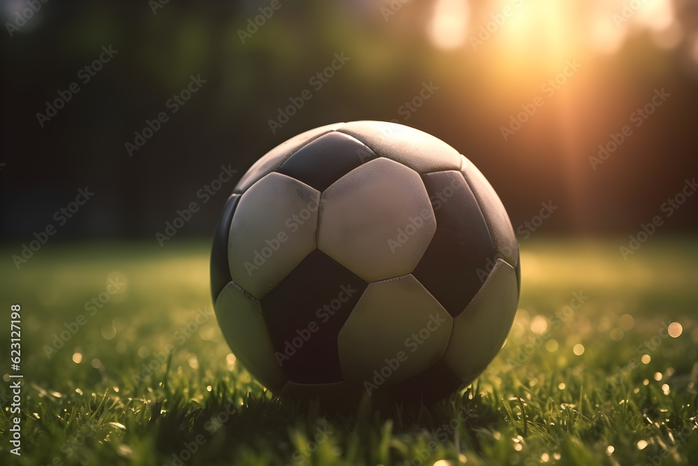 Fototapeta premium A soccer ball is lying on a green field. Backlight. The concept of a sports lifestyle. Generated by AI.