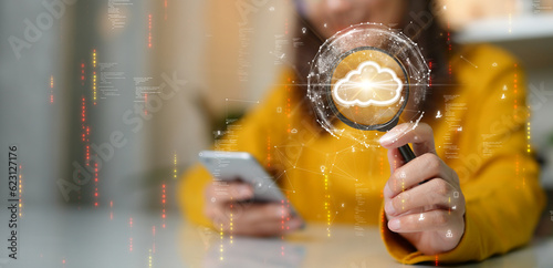 Women searching new storage alternative to computer storage using cloud or edge computing to back up data. Digital technology concept, data sheet management large database capacity and high security.