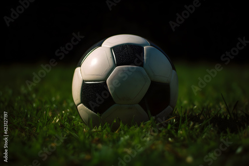 A soccer ball is lying on the green grass. Generated by AI.    © Олеся Козлова