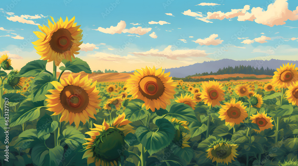 Fototapeta premium 青空に輝くひまわり畑 No.023 | Sunflower Field Glowing Under the Blue Sky Generative AI