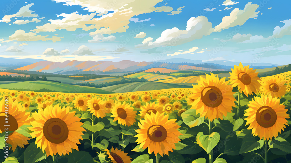 Obraz premium 青空に輝くひまわり畑 No.033 | Sunflower Field Glowing Under the Blue Sky Generative AI