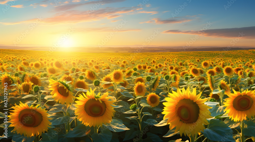 Fototapeta premium 青空に輝くひまわり畑 No.051 | Sunflower Field Glowing Under the Blue Sky Generative AI