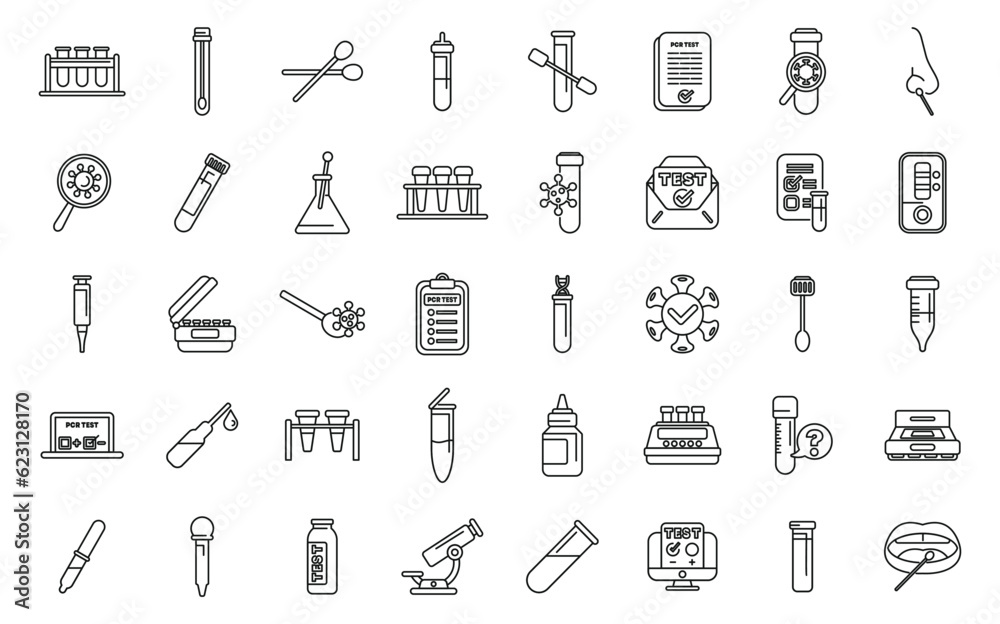 PCR test icons set outline vector. Covid test. Lab swab PCR test icons set outline vector. Covid test. Lab swab