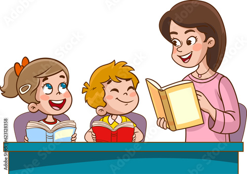 happy cute kids and teacher school vector. teacher and cute students doing lesson together at table.