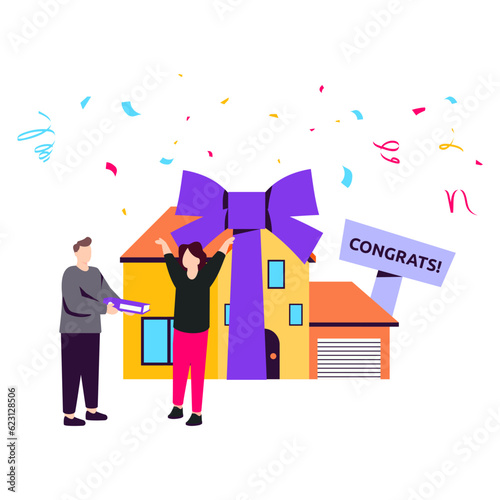 Welcome Home. Congratulations on your new house concept vector icon design, Awards and incentives symbol, Employee benefits and engagement sign, Recognition and Appreciation scene stock illustration