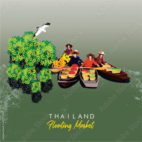 Floating market panorama in Thailand.