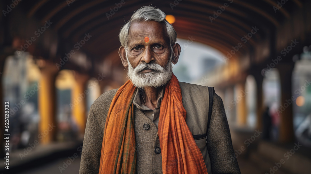 Confident and stylish Indian man's portrait, representing the fusion of contemporary fashion and cultural heritage. AI generated