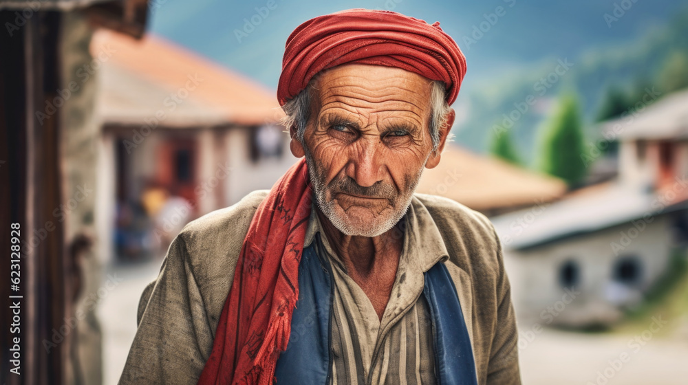 Albanian man showcasing the cultural pride and historical heritage of Albania through his appearance and demeanor. AI generated