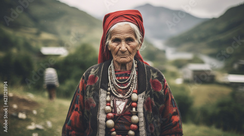 A resilient Albanian senior woman with mountains as her backdrop, embodying strength and connection to the natural beauty of Albania. AI generated