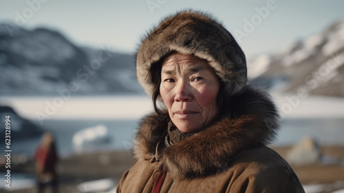 A captivating Greenlandic woman in Greenland, emanating grace and resilience, embodying the vibrant Inuit culture and Arctic beauty. AI generated