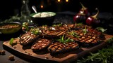 Delicious Grilled meat . Beef steaks on board Ai Generative Image 