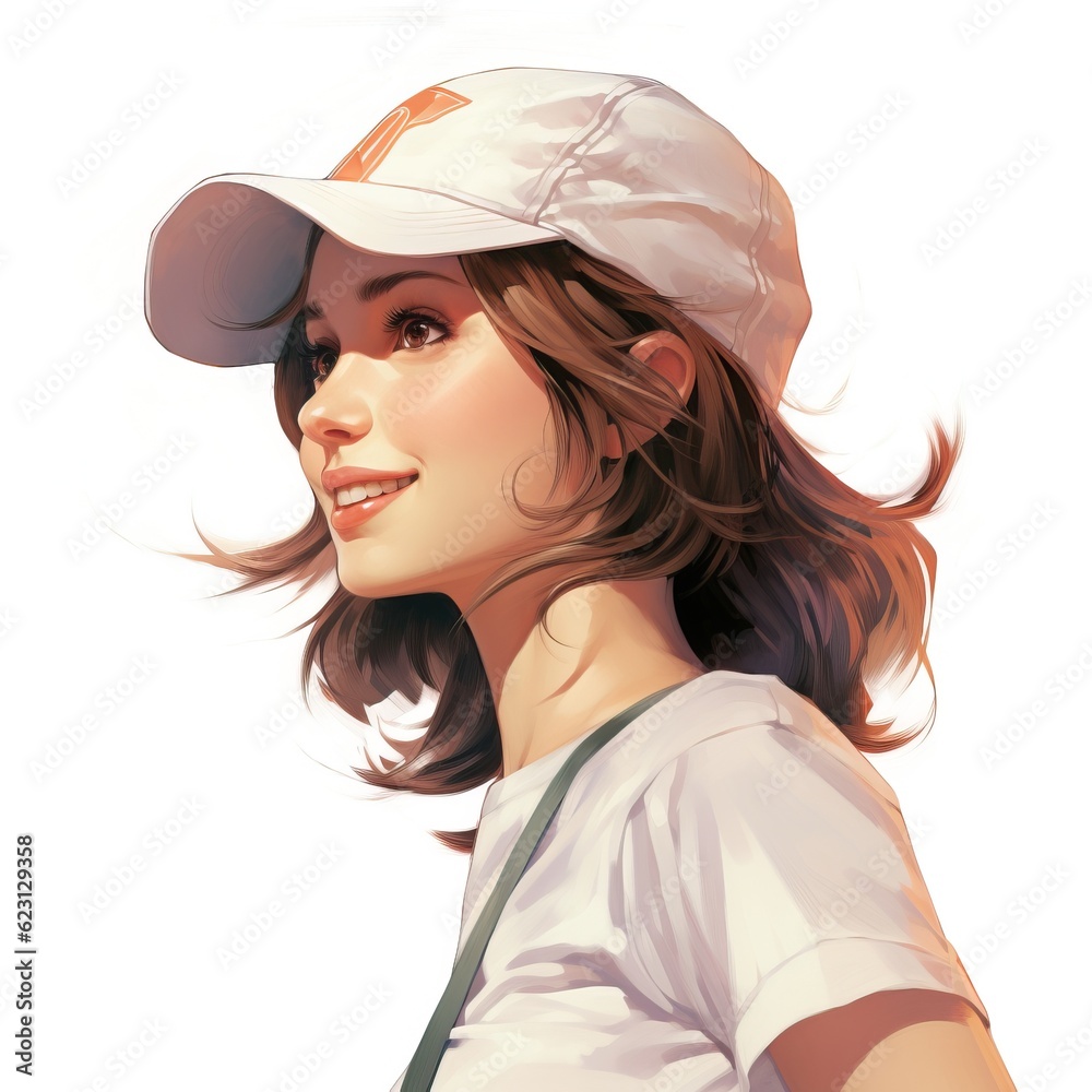 Japanese woman with light brown hair, wearing a sporty white cap with hair shorter than shoulder length cartoon isolated on white background.