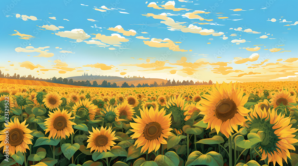 Fototapeta premium 青空に輝くひまわり畑 No.057 | Sunflower Field Glowing Under the Blue Sky Generative AI