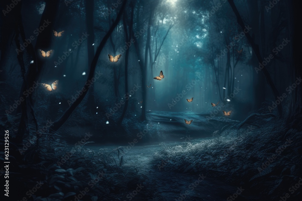 Fairytale dreamy and mystery forest with fireflies and butterflies. Night magical fantasy forest background.