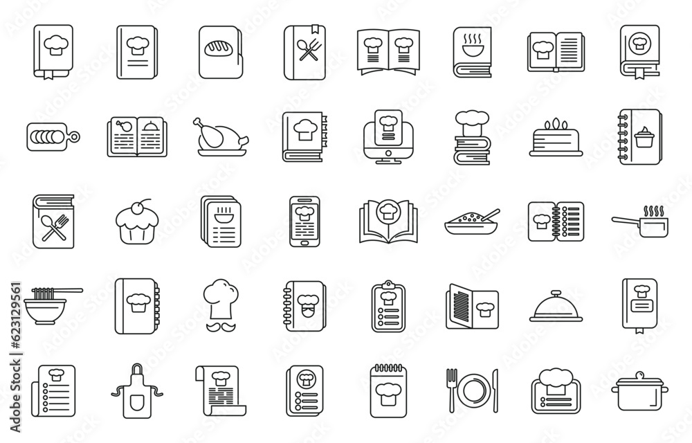 Recipe book icons set outline vector. Cooking recipe. Cook spice