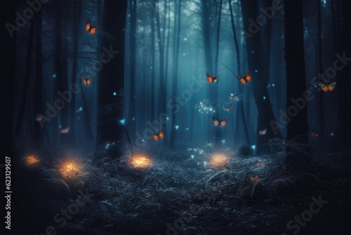 Fairytale dreamy and mystery forest with fireflies and butterflies. Night magical fantasy forest background. photo