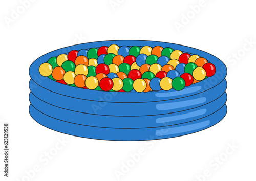 Kiddie inflatable pool full of plastic balls isolated on white background.